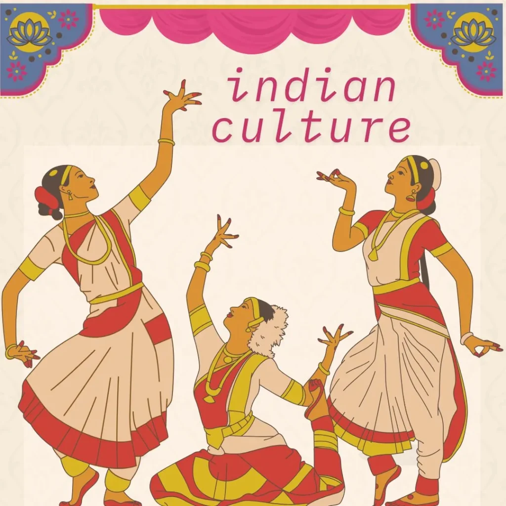 Cultural depiction of three female artists performing Indian traditional dance.